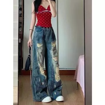 Прямые свободные рваные длинные синие джинсы женские джинсовые брюки размера плюс 4XL бойфренд повседневные 2024 y2k fairycore 2000s гранж S синий