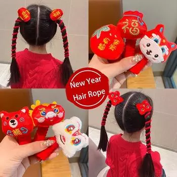 Straight Telephone Line Hair Rope Plush New Year Ponytail Holder Red Lion Dance Hair Ring Girl H