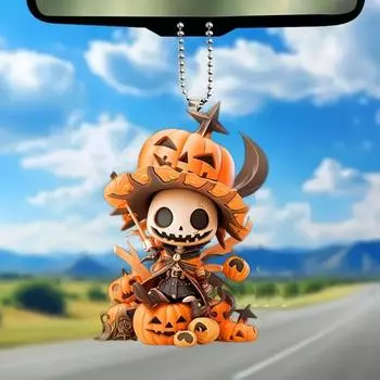 Strange Cartoon Halloween Pumpkin Skeleton Keychain Ghostly Gadget Acrylic Car Rearview Mirror Accessory Creative Halloween Gift