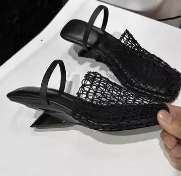 Strange Style Square Toe Women Slippers Air Mesh Height Increasing Fashion Solid Summer Outwear Women Shoes 2024 New Arrivals 35 чёрный