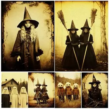 Странная викторианская ведьма фотография настенная живопись маслом проклятие кролик мальчик ужасающий Хэллоуин декоративное искусство плакат 21cm30cm NoFrame