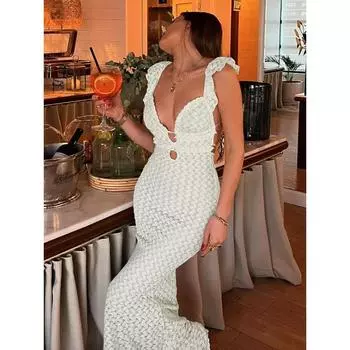 Странное платье Puss Double Deck для женщин с открытыми плечами и оборками, летнее, с открытой спиной, с кружевом, многоуровневое, шикарное, элегантное, для вечеринок, облегающее платье Vestidos S белый