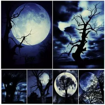 Странное полнолуние и одинокие мертвые деревья в темной ночи Ретро настенная живопись маслом Ужасающая ночная сцена постер 21cm30cm NoFrame