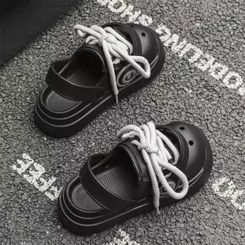 Strap Closed Toe Earphone Hole Shoes Baby Boy and Girl Summer Outwear Internet Celebrity Punk Thick Sole Half Slippers Black 36-37