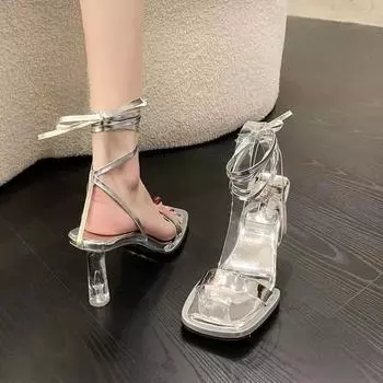 Strap Sandals Women s 2024 New Summer Silver High Heels Women Sandal Transparent Heel Designer Sandals Ladies Shoes 34 чёрный