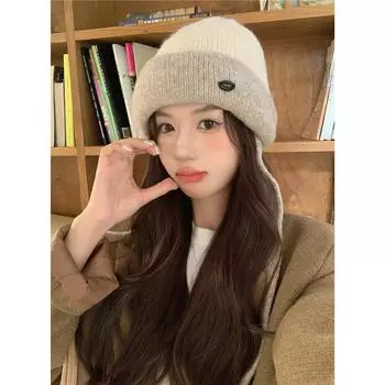 Strap wool blended knitted wool hat women s autumn and winter versatile warm curling ear protector bag head cold hat average size, elastic