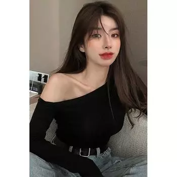Strapless Collarbone Beautiful Long-Sleeved T-shirt Sexy Top Black 2XL