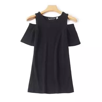 Strapless round Neck Slim-Fit Stretch Top Knitted Short Sleeve Black S