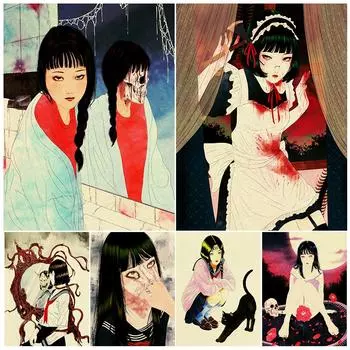 Страшная девушка-дьявол, настенное искусство, страшная девушка с черными волосами, холст с принтом, призрачное лицо, художественный постер для девушки в зеркале 21cm30cm NoFrame