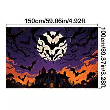 Страшный баннер-фон на Хэллоуин - Замок с летучими мышами и полной луной для вечеринок в помещении/на открытом воздухе, выпускного, декора на Хэллоуин, мероприятия 150*100cm/59*39in/5*3ft