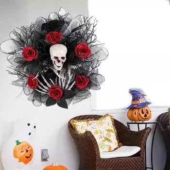 Страшный венок из красных роз на Хэллоуин со скелетами для украшения дома с привидениями и праздничного сезонного декора