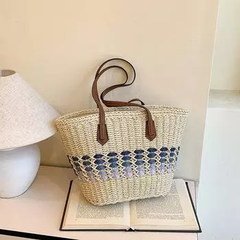 Straw bag high-end woven bag women s large-capacity new beach underarm vegetable basket commuter tote bag синий