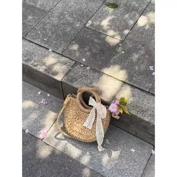 Straw Bag Ins Female Online Influencer Crossbody Shoulder Beach Holiday Bag Woven Fresh Satchel Large Capacity Straw Bag Beige White(+ Silk Scarf)