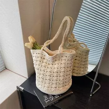 Straw bag new high-end shoulder bag women s large-capacity woven bucket bag beach vacation bag