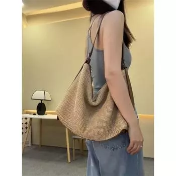 Straw Bag Women 2025 New Summer Seaside Holiday Style Woven Bag Large Capacity Tote Bag Shoulder Messenger Bag Brown