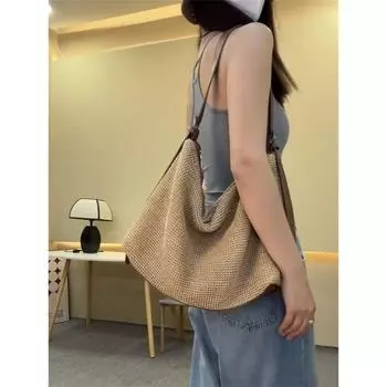 Straw Bag Women 2025 New Summer Seaside Holiday Style Woven Bag Large Capacity Tote Bag Shoulder Messenger Bag Brown