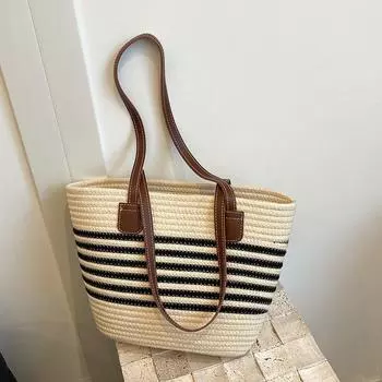 Straw bag women s large-capacity 2025 summer versatile shoulder tote bag seaside vacation beach woven bag хаки