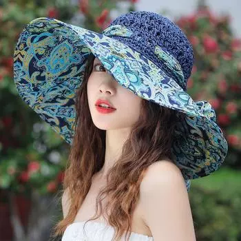 Straw Fisherman Hat Women s 2025 New Arrival Summer Seaside Face Cover Ultraviolet-Proof Big Brim Beach Sun Hat Tropical Rainforest-Totem Blue All yards