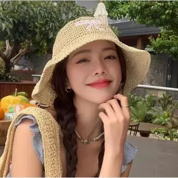 Straw Fisherman Hat Women s 2025 New Arrival Summer K-style Fashion All-Match Face-Looking Small Sun Protection Sun Hat Bucket Hat Rice Toner Bows Adjustable (55-58cm)