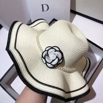 Straw Hat Camellia Summer Elegant Beach Sunscreen Sunshade Bucket Hat Travel Sun Hat белый