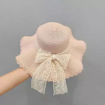 Straw Hat Female K-style Lace Bows Big Brim Foldable Sun Protection Sun Hat Seaside Beach Sweet Sun Hat D-217 Pink Lace Bows Straw Hat
