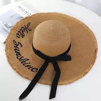 Straw Hat Ladies Bow Broad-Brimmed Hat Sun Protection Dome Beach Letter Big Brim Seaside Sunhat Tide XMZ031 khaki All yards