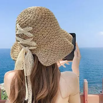 Straw Hat Women s 2025 New Arrival Summer UV Protection Sun Hat Fashion Seaside Vacation Sun Hat Bows Tape-Khakis All yards