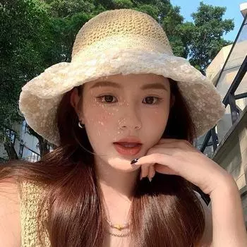 Соломенная шляпа женская новая японская маленькая свежая кружевная соломенная шляпа летняя дорожная солнцезащитная шляпа с большими полями пляжная солнцезащитная шляпа M (56-58cm) white lace straw hat бежевый