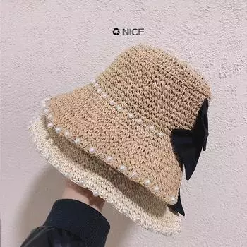 Straw Hat Women s Summer Shade Handmade Pearl Straw Hat Versatile Women s Sunscreen Fisherman Hat Foldable one size fits all хаки