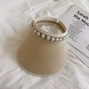 Straw Pearl Sun Hat Headband Visor Straw Hat Female Summer Hairpin without Top Face Cover Sun-Proof Sun Hat Outdoor Beige Adjustable