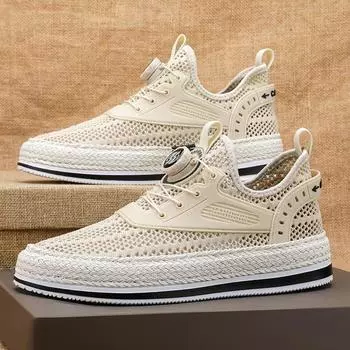 Straw rotating buckle men s shoes large mesh hollow board shoes students summer 2024 new breathable one-pedal lazy shoes men 39