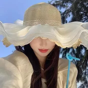 Straw wavy brim travel area hat lace big brim straw hat women s summer seaside beach sunshade sun protection hat M56-58cm бежевый
