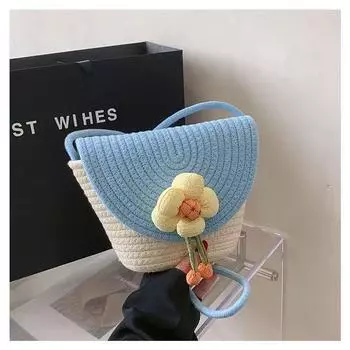 Straw Woven Bag Ins Cute Young Adult Bucket Bag Crossbody Bag K-style Easiest for Match Flowers Blue
