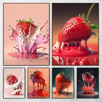 Strawberry Fruit Poster Abstract Red Strawberries Juice Canvas Painting Wall Art for Kitchen Orchard Living Room Home Decor 21cm30cm NoFrame