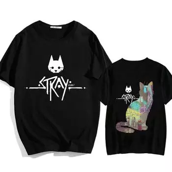 Stray Game Momo Cat Harajuku Повседневная футболка Милая футболка с рисунком аниме и манги Футболка из 100% хлопка Мягкая мужская/женская футболка XS чёрный