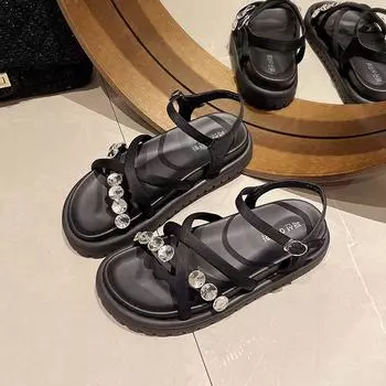 Стразовые сандалии женские летние новая мода универсальные платформа пляжные повседневные сандалии 35