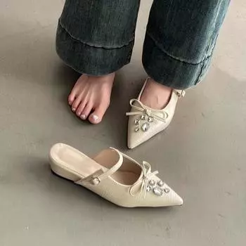 Стразы бант девушки baotou полутапочки весна и лето новая мода высокое чувство слова с наклонным каблуком сандалии прилив 35 чёрный