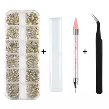 Стразы для нейл-арта Amazon Ab, кристальные плоские белые стеклянные бриллианты, набор пинцетов с мелками в виде точек для нейл-арта
