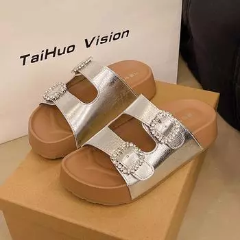 Стразы квадратная пряжка шлепанцы женские летние новые толстоподошвенные легкие нескользящие уличные пляжные крутые шлепанцы 35 серебряный