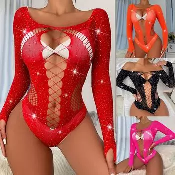 Стразы Сетка Сексуальное нижнее белье Боди Наряд для клубной вечеринки Повседневная одежда