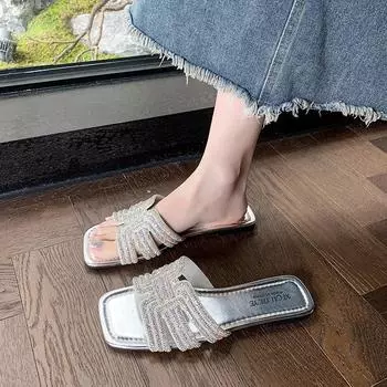 Стразы шлепанцы лето новый большой размер плоская подошва женские повседневные низкий каблук сандалии на одно слово пляжная обувь 35