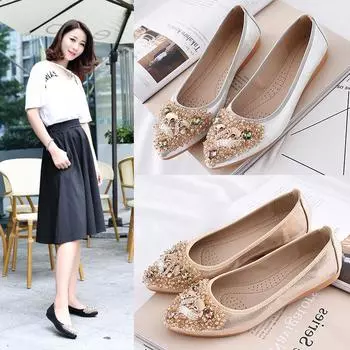 Стразы Яичный рулет Мягкая подошва Большие размеры Женская обувь Лопатки Туфли Lazy Mom Peas Балетки Бантик Плоские туфли Женские 37 серебряный
