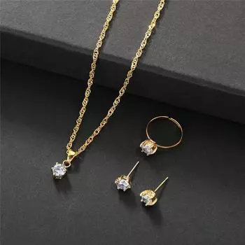 Стразы Женская мода Личность Темперамент Ожерелье Серьги Кольцо Комплект ювелирных изделий Женский подарок Аксессуары золотой
