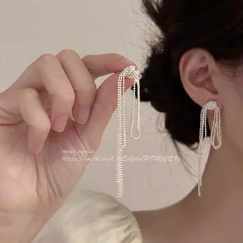 Streamer Gold and Silver Sterling Silver Needle Cold Wind Long Fringe Earrings Niche Style Retro Knotted Chain Stud Earrings Silver