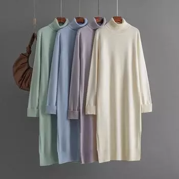 Streamgirl Осенние водолазки с разрезом Платья для женщин Зимние однотонные повседневные прямые базовые вязаные свитера Платье Женские элегантные One Size чёрный