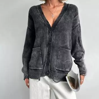 Street Do Old Washed Ragged Wool Knit Cardigan Jacket Women Vintage American Placket Pockets Knited Jempers Autumn And Winter Models L чёрный