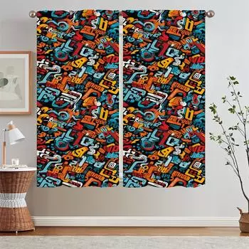 Street Element Graffiti Kitchen Curtains for Doors Chiffon Curtain Tiebacks Curtains Child Room Home and Decoration Partition W50xH70cmx2pcs-CL
