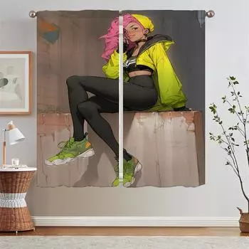 Street Punk Girl2 Chiffon Curtain Tiebacks Kitchen Curtains for Living Room Decoration Partition Blackout Blinds Tentacles Curls W50xH70cmx2pcs-CL