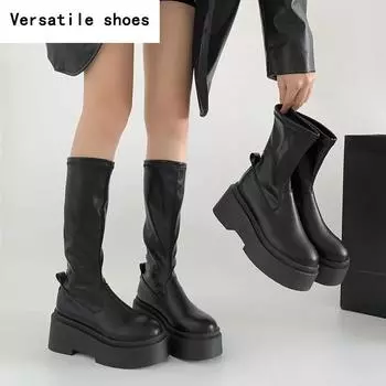 Уличный Стиль Осень Зима Длинные Сапоги до Колена Женские Модные Туфли на Платформе и Высоком Каблуке Слипоны Вечеринка Botas Mujer 35