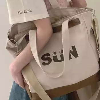 Street Style Solid Color Canvas Bag Shoulder Bag Letter Tote Bag Simple Handbag Students хаки